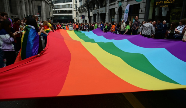 Grote regenboogvlag op Belgian Pride