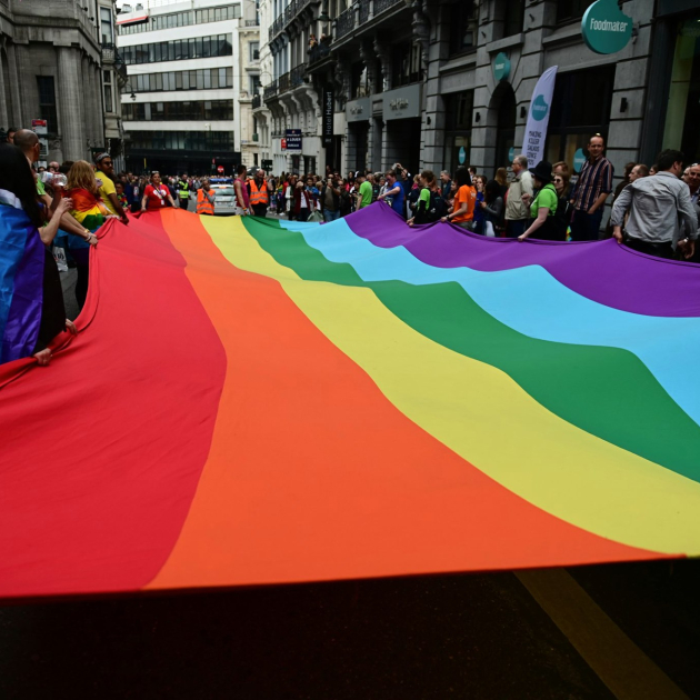 Grote regenboogvlag op Belgian Pride