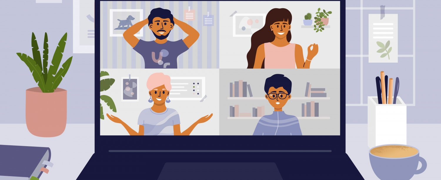 computerscherm met vier mensen in beeld in videogesprek